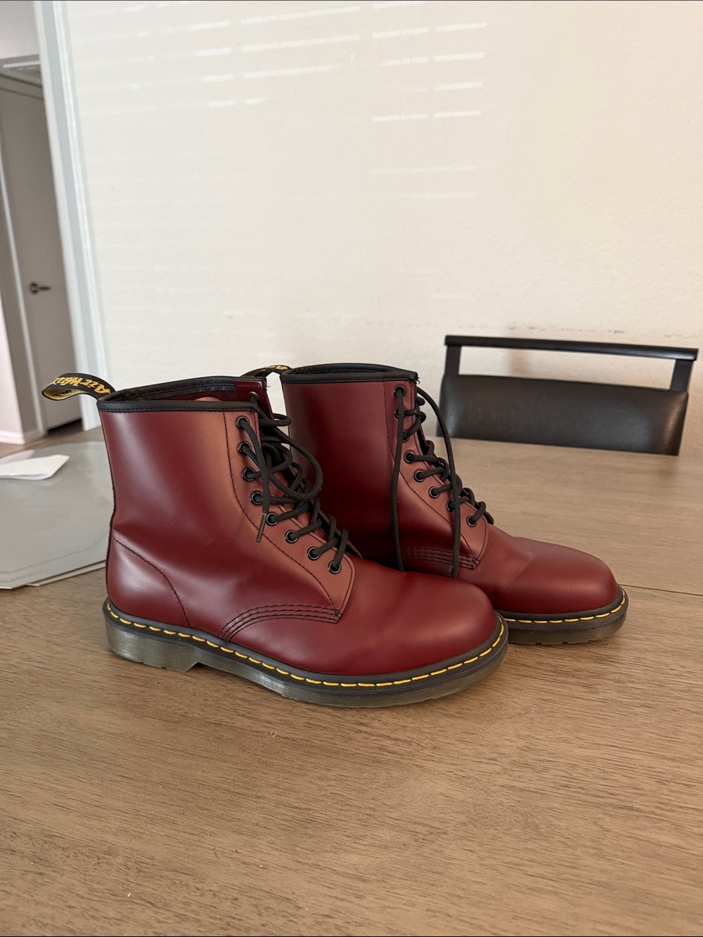 Cherry Red Leather Lace-Up Boots with Yellow Stitching